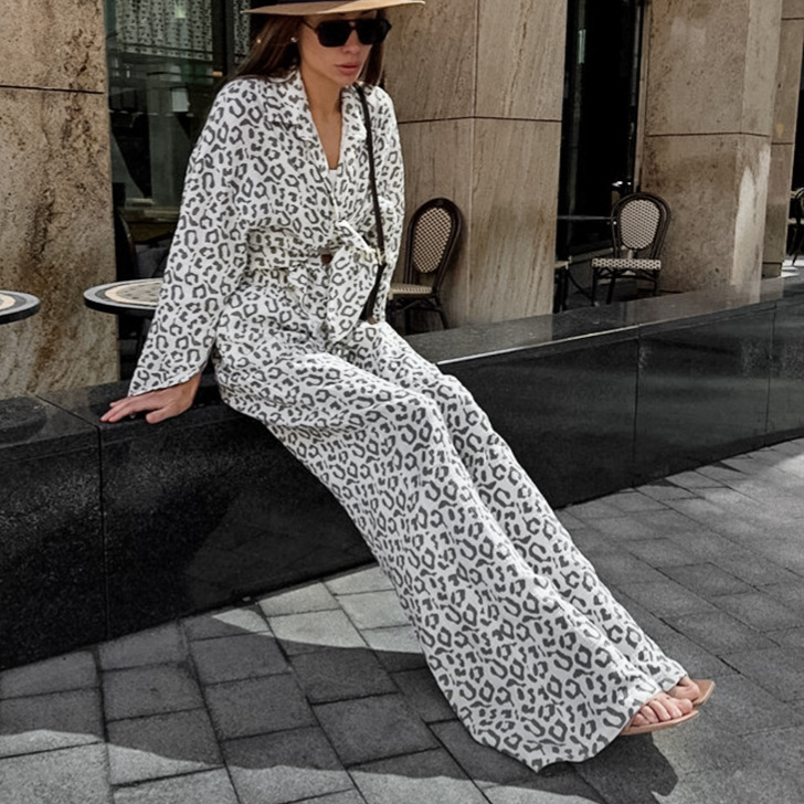 Pure Cotton Leopard-print Long-sleeved Shirt High Waist Suit Women