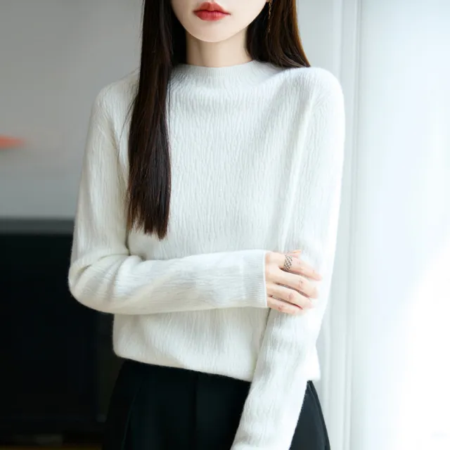 Women's Loose fitting Mid neck Sweater Long Sleeve Base White - Shop at LoveMi