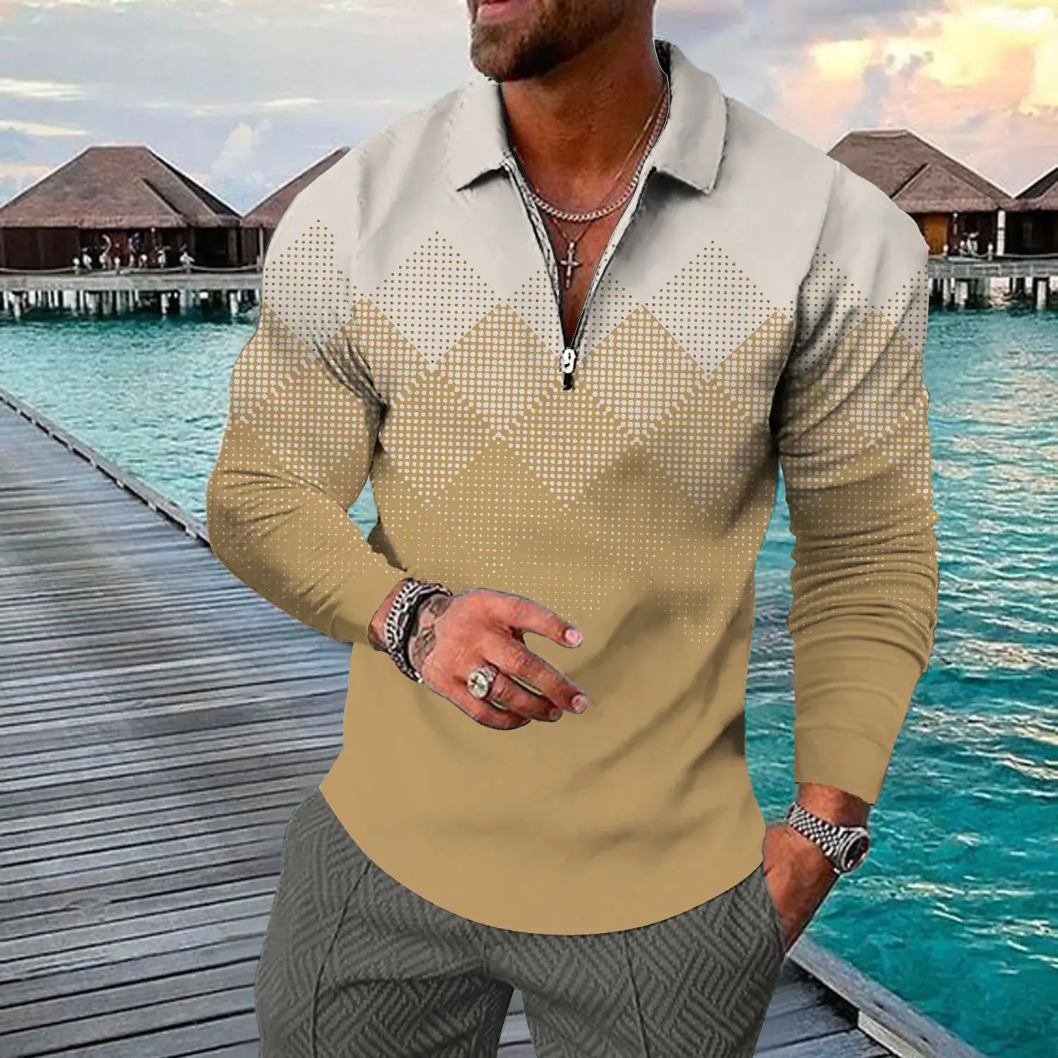 Geometric 3D Printing Long-sleeve Zipper Lapel Casual