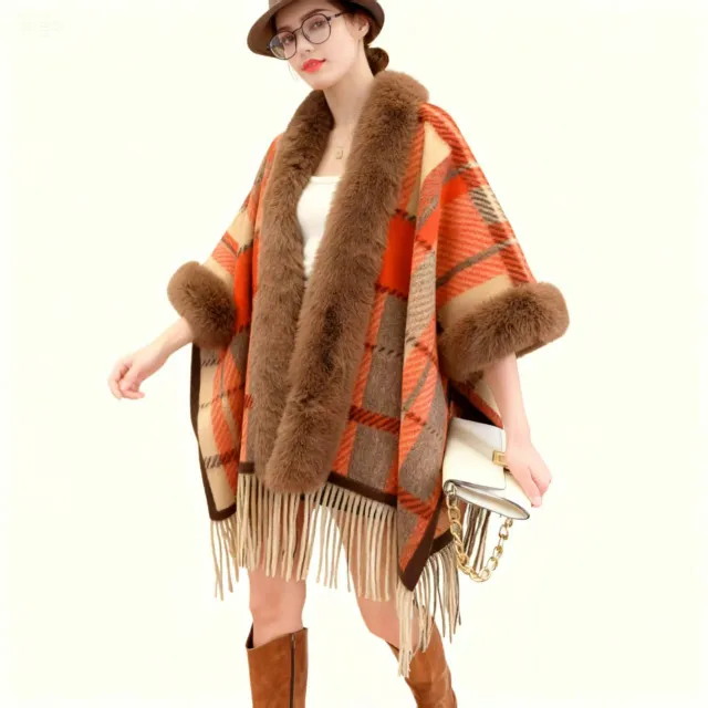 Women's Casual Plaid Tassel Cape Coat Red - Shop at LoveMi