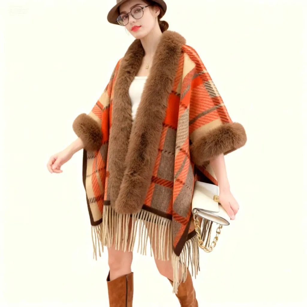Women's Casual Plaid Tassel Cape Coat - Red