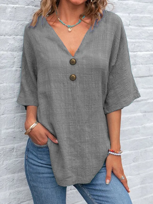 Casual V neck Short Sleeve Regular Pullover Multi color Women's Button Top Gray - Shop at LoveMi