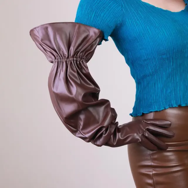 Women's Fashion PU Matte Long Leather Gloves Brown 70Cm Elastic Band - Shop at LoveMi