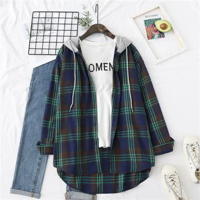 Retro Style Springsummer Autumn Plaid Shirt Women's Loose And Hooded Cardigan Coat Green - Shop at LoveMi