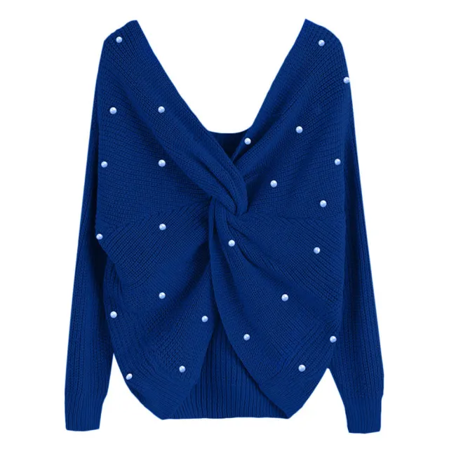 V neck Cross Backless Sweater Sexy Long sleeved Sweater Blue - Shop at LoveMi