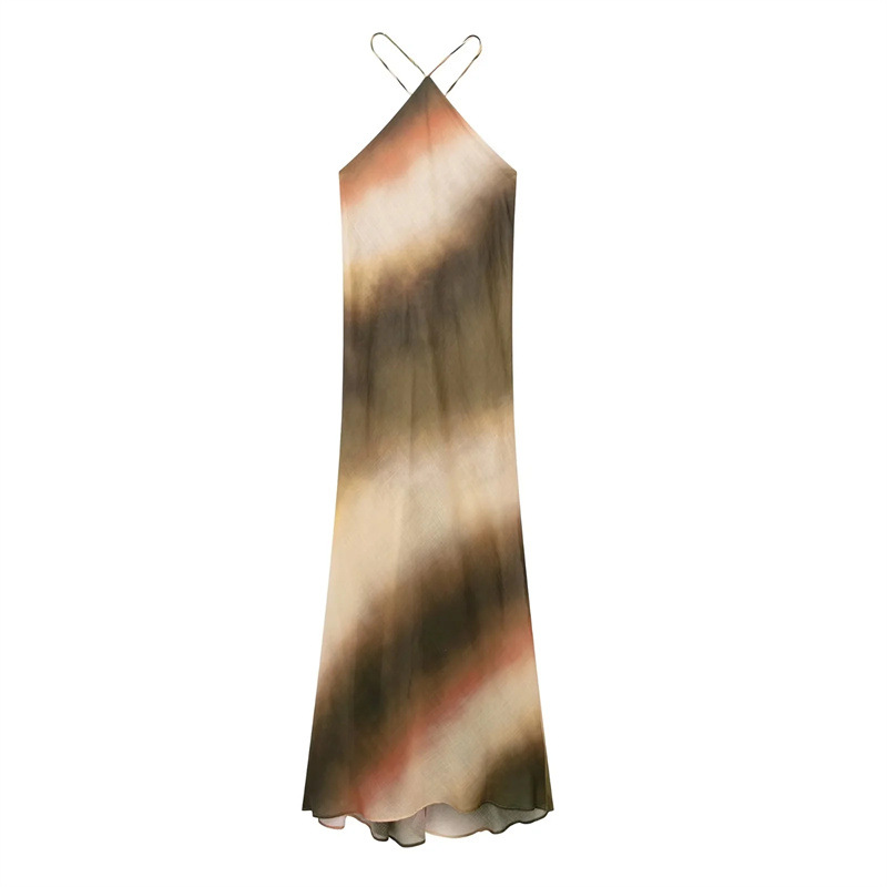 Casual Tie-dyed Ramie Hanging Collar Dress