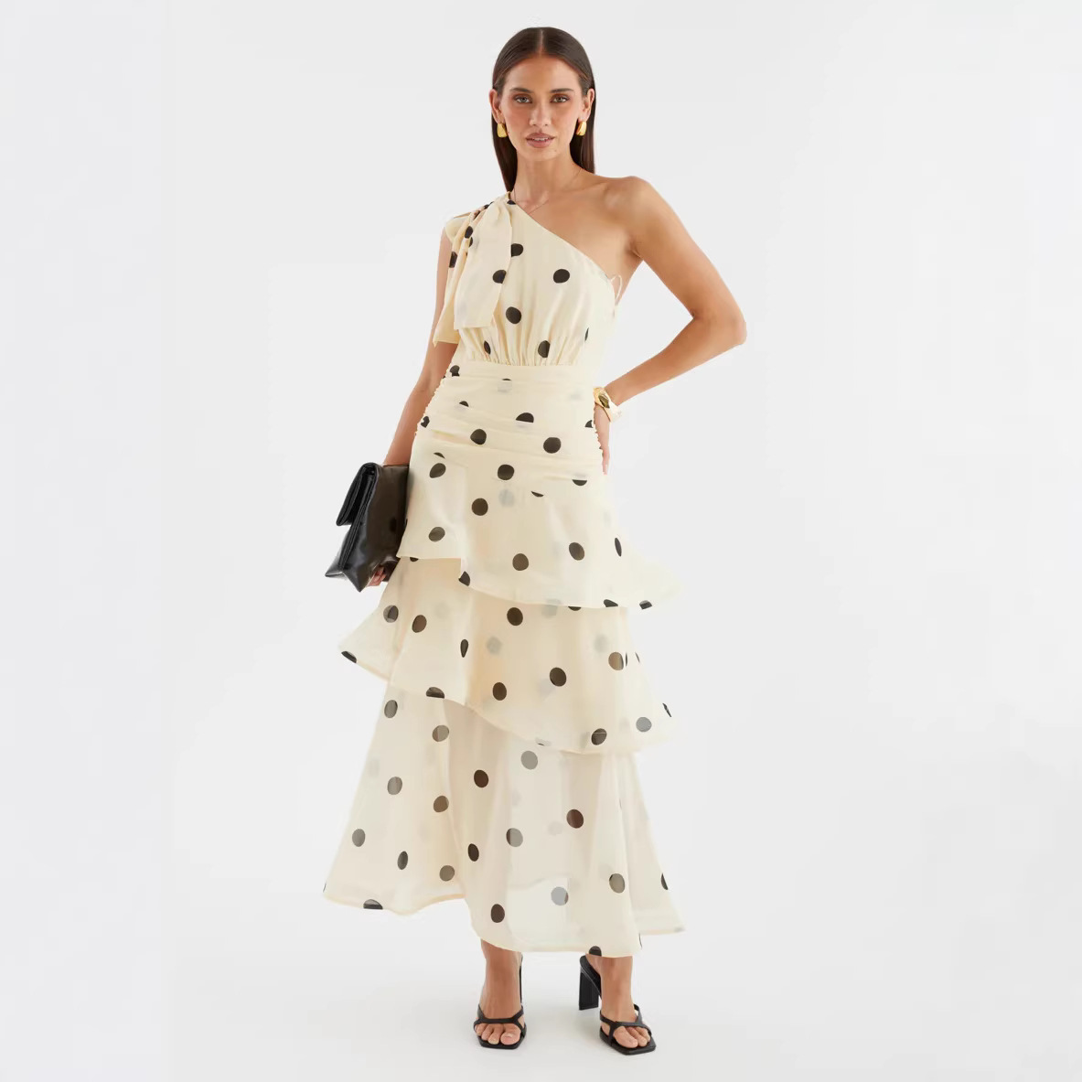 Fashionable One-Shoulder Lace-Up Backless Printed Polka-Dot Tiered Dress