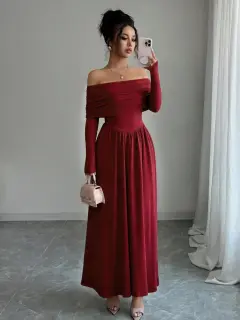 Women's Solid-Color French-Style Off-the-Shoulder Knitted Dress - Red - View 1