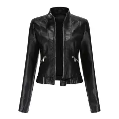 Women's Short Leather Jacket Stand Collar Jacket Thin - Black - View 1