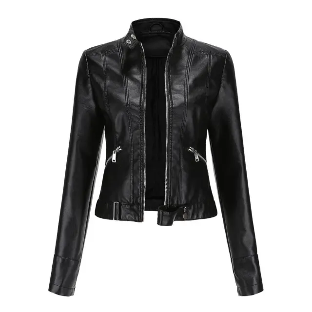 Women's Short Leather Jacket Stand Collar Jacket Thin Black - Shop at LoveMi