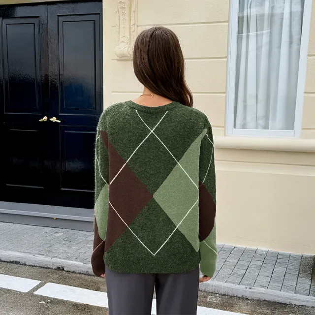 Fashionable Colorblock Long Sleeve Knitted Sweater For Women Green - Shop at LoveMi