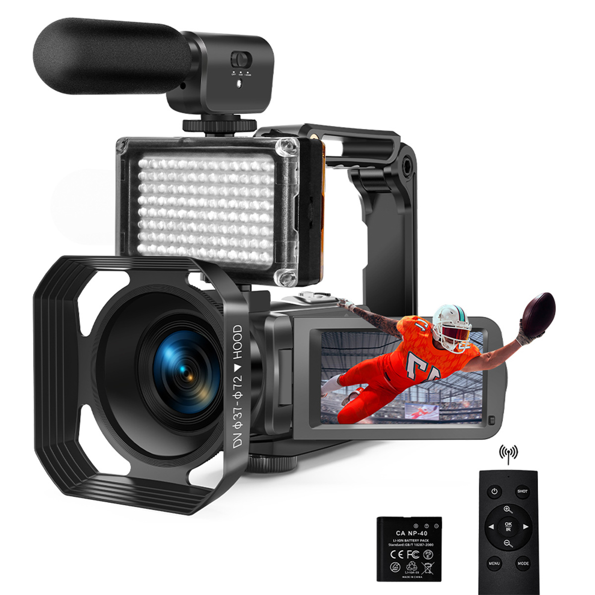 4K-digitale camcorder met windbestendige microfoon en invullicht – accessoires inbegrepen