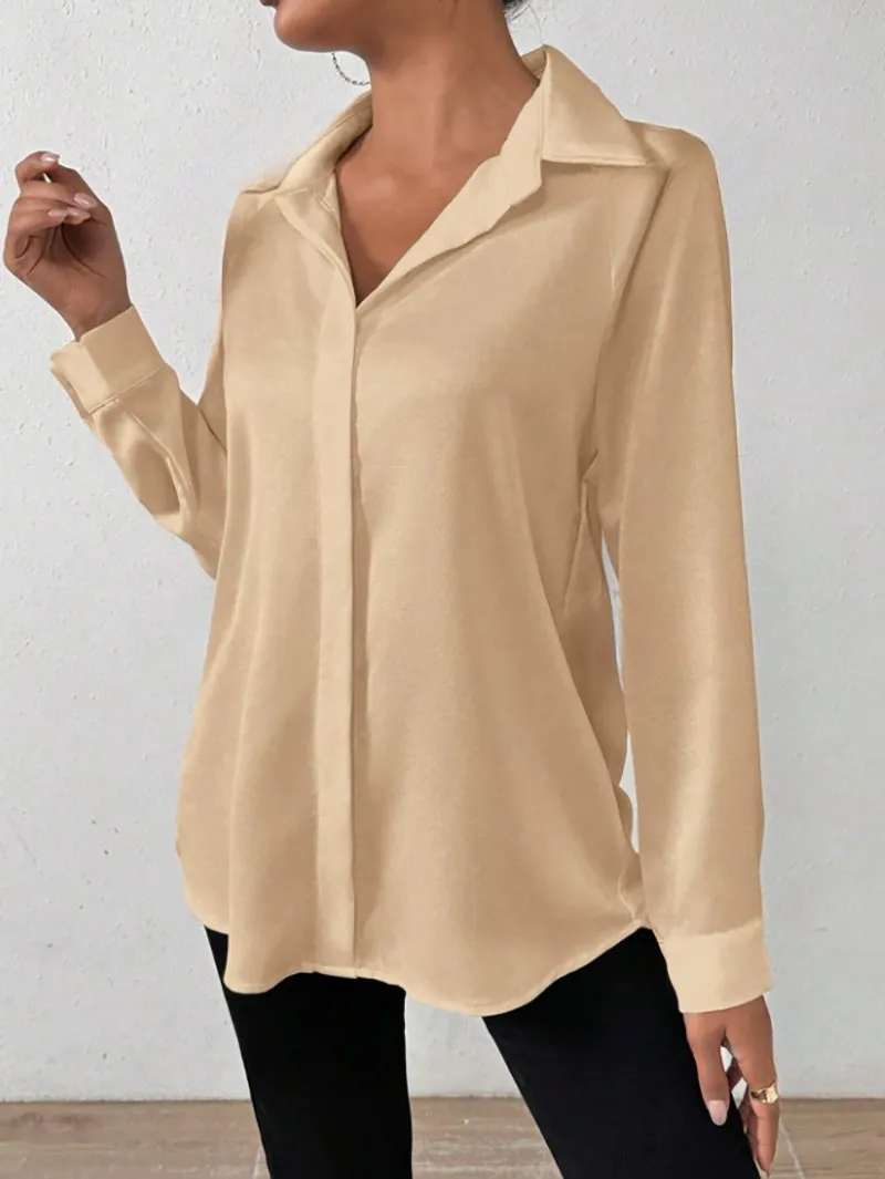 Women's Satin Silk-like Long-sleeved Shirt - Champagne