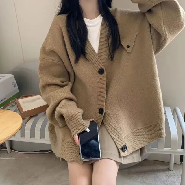 Loose V neck Single Breasted Knitted Cardigan For Women Khaki - Shop at LoveMi