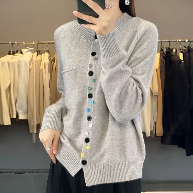 Women's Round Neck Knitted Cardigan With Color Buckle Inner Wear Blouse Can Gray - Shop at LoveMi