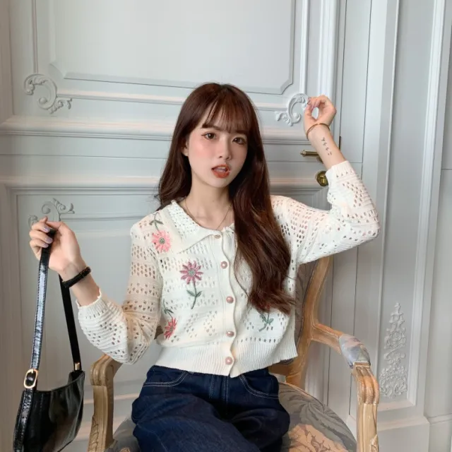 Thorn Hollow Embroidered Flower Lapel Single Breasted Long Sleeve White - Shop at LoveMi