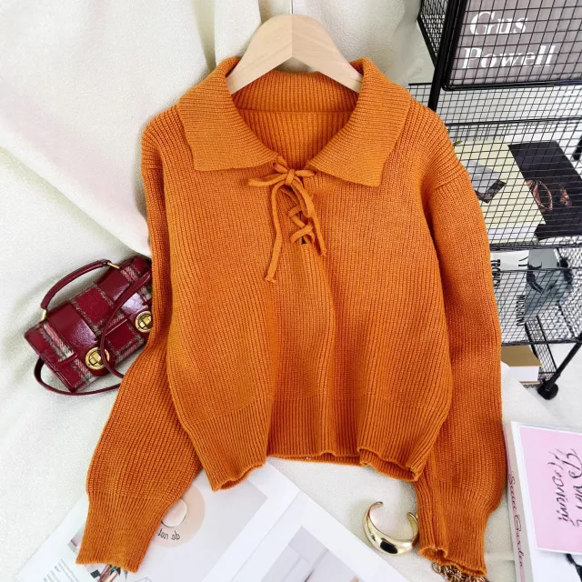 Women's Retro Lace Up Long Sleeve Sweater Orange - Shop at LoveMi