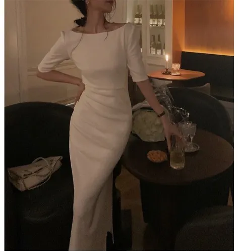 Waist tight French Hepburn Style Special interest Design Off the shoulder Gown Dress White - Shop at LoveMi