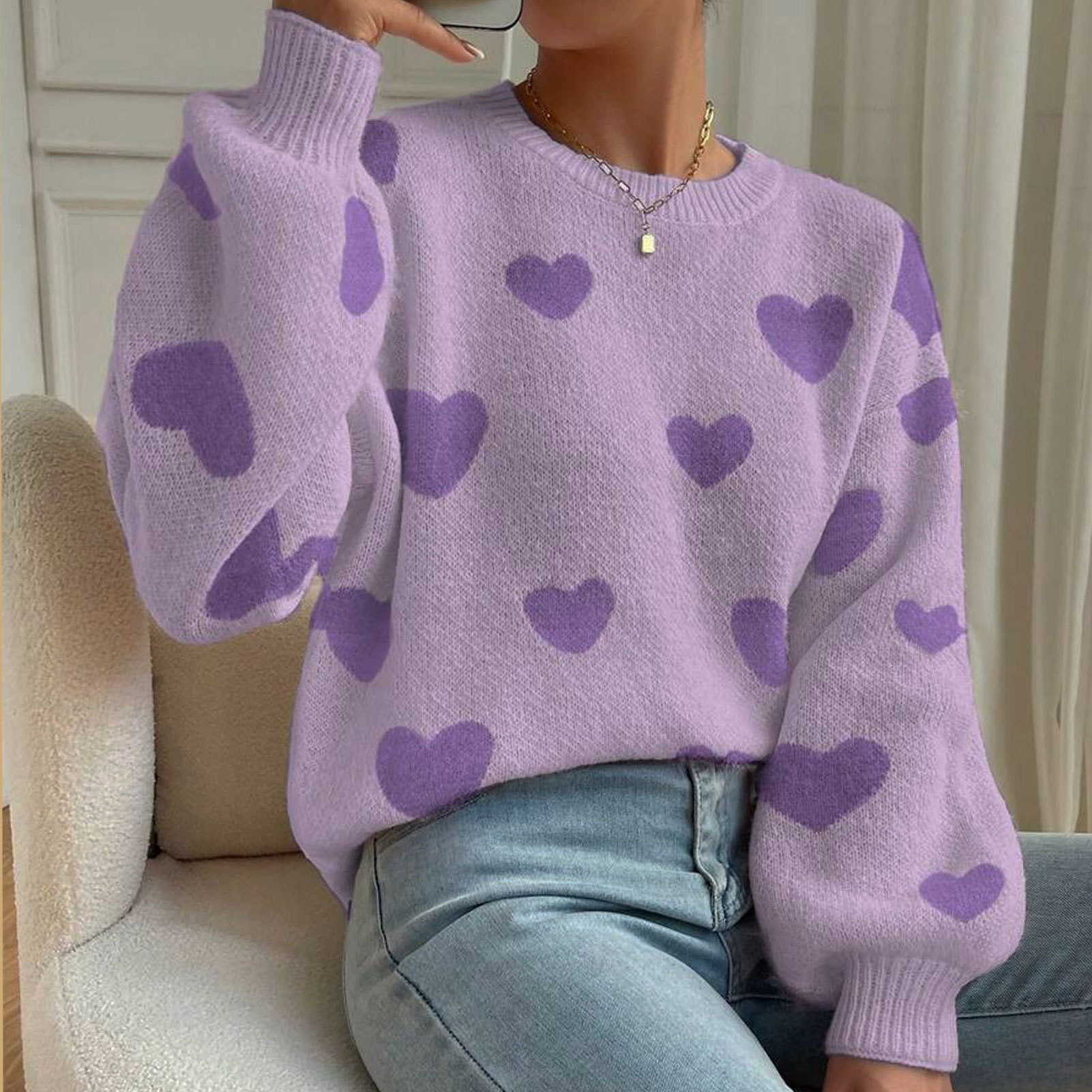 Womens Heart-Pattern Pullover Loose-Fitting Crew-Neck Knitted Sweater