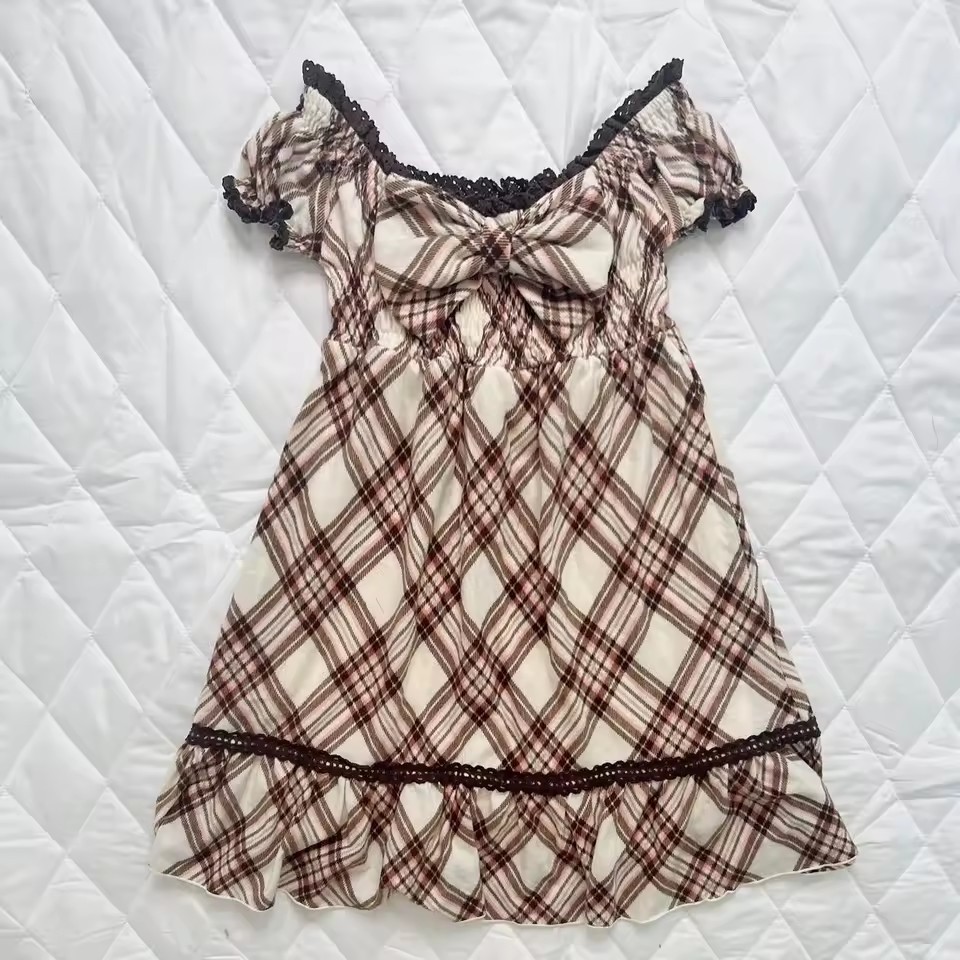 Vintage Plaid Striped Fitted Waist Bowknot Lace Women's Short-sleeved Dress