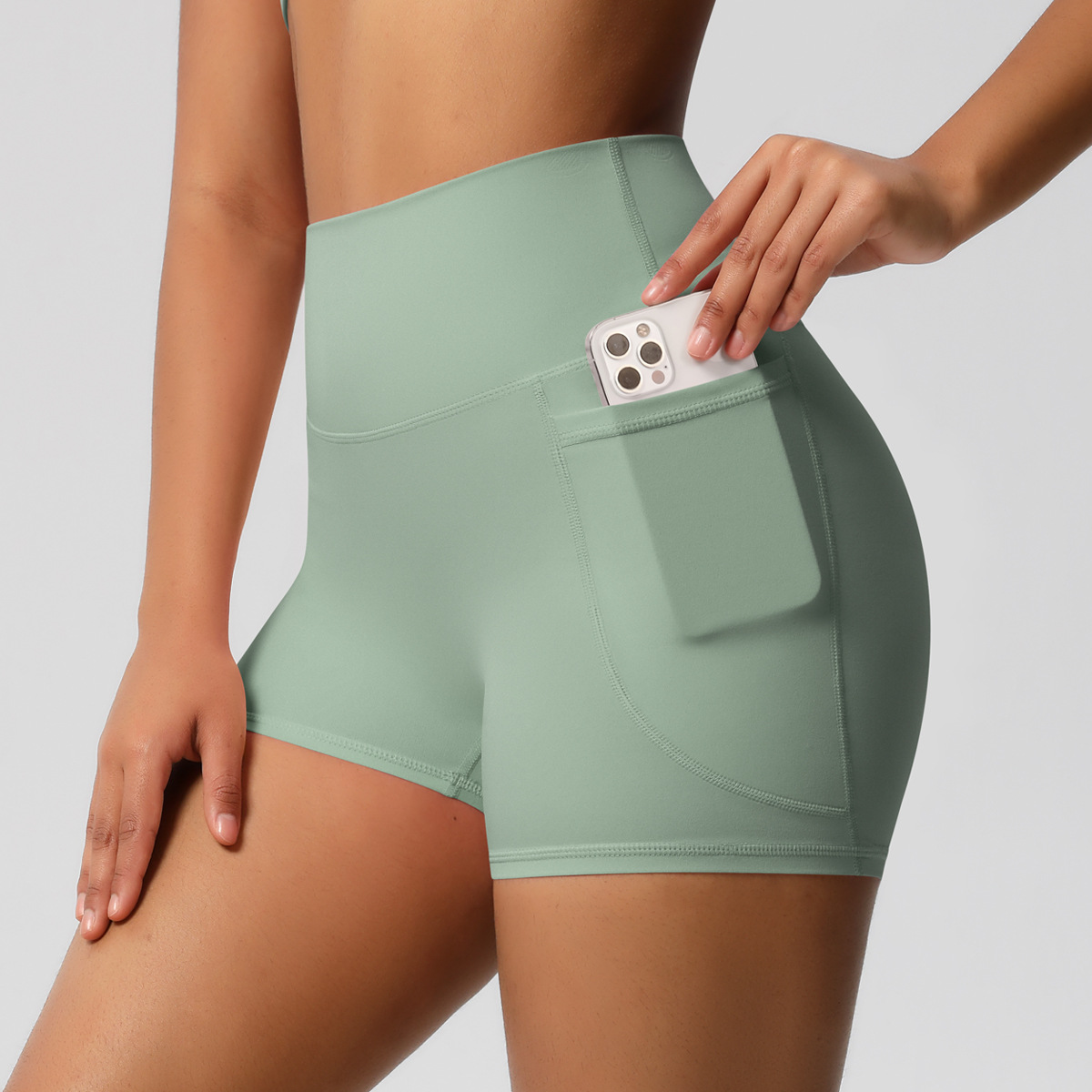 Brushed Solid Color Pocket High Waist Tight High Elastic Yoga Shorts Green - Shop at LoveMi