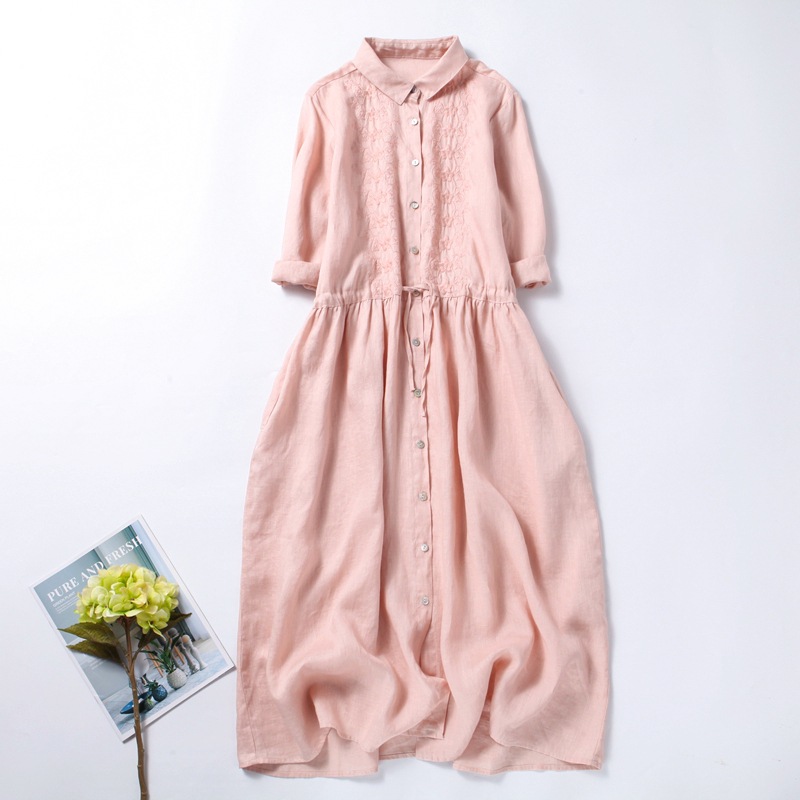 Wide Long-Sleeve Polo-Neck Cotton-Linen Embroidered Dress For Women