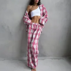 Fashion Plaid Shirt And Trousers Two-piece Set - Plaid - View 1