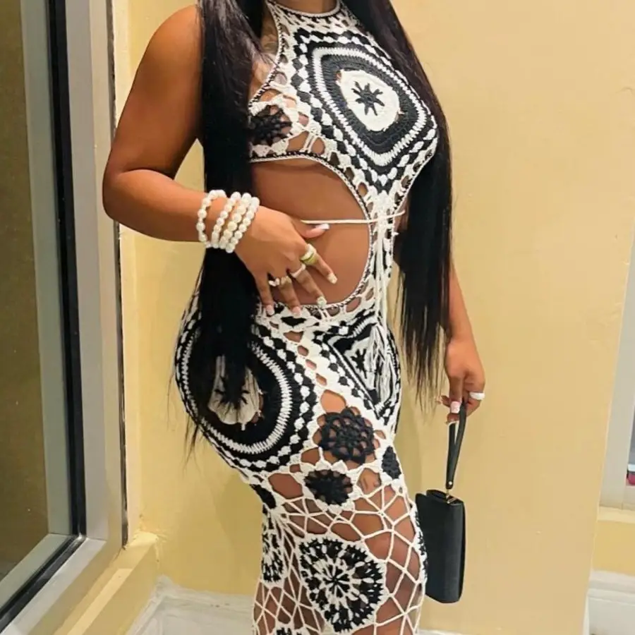 Black and White Crochet Bikini Set with Cutout Detail