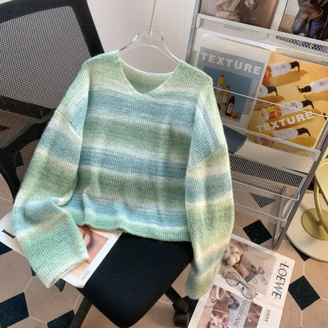 Dopamine Color Stripes Collar Sweater Women Green - Shop at LoveMi