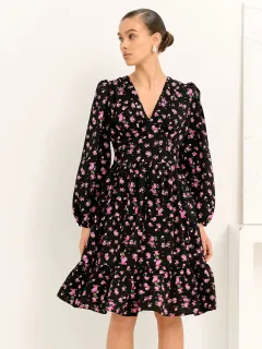 Printed Crimp V-neck Long Dress Women - Black - View 1