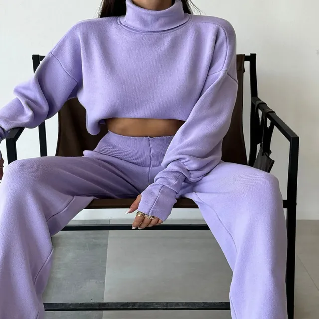 Autumn And Winter New European And American Turtleneck Loose Long Sleeve Top Female Casual Fashion Set Violet S - Shop at LoveMi
