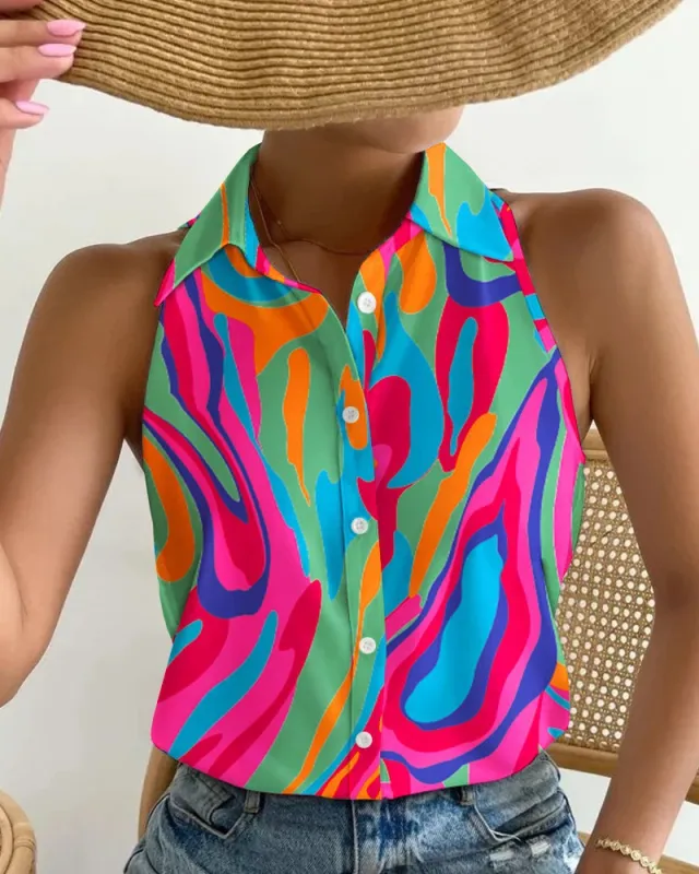 Summer Casual Fashion Shoulder baring Sleeveless Abstract Printing Women's Shirt Green - Shop at LoveMi