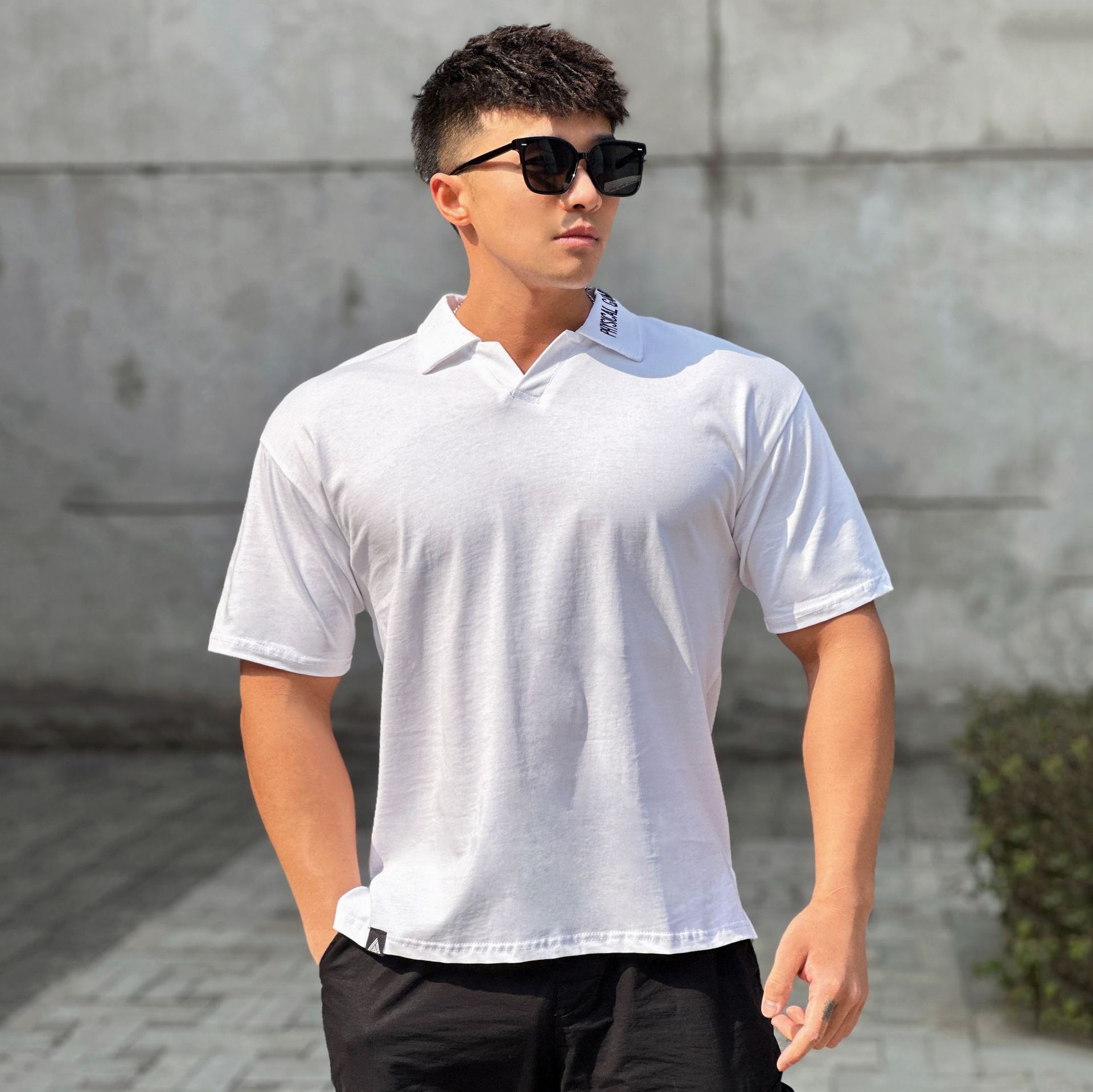 Fitness Running Loose Cotton Lapel Embroidered Thick T-shirt