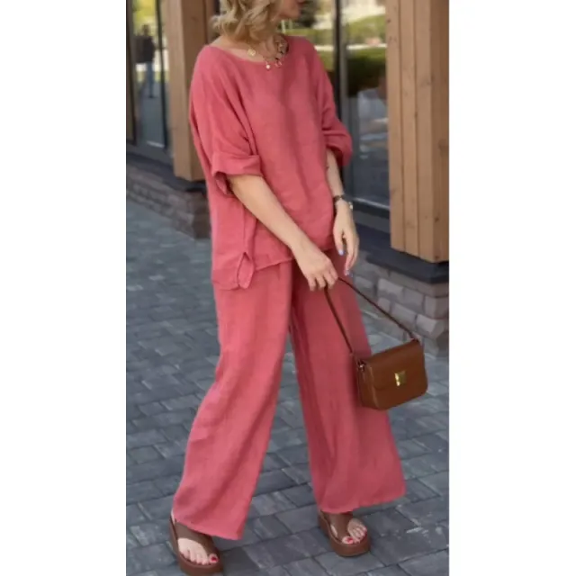 Cotton And Linen Suit Loose Casual Trousers Two piece Suit Peach 3Xl - Shop at LoveMi
