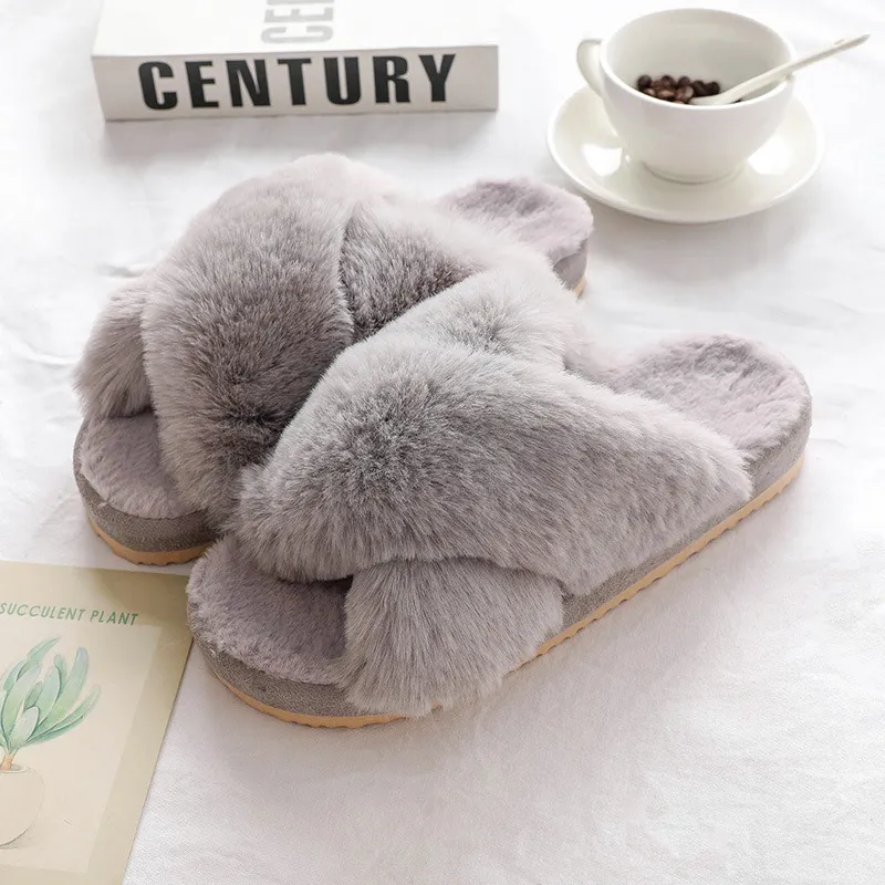 Fashion Women Winter Indoor Platform Thermal Cotton Slippers - Grey