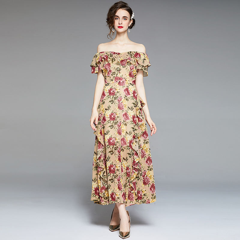 V neck Flounce Short Sleeve High Waist Tight Waist Wide Hem Printed Long Dress - Shop at LoveMi