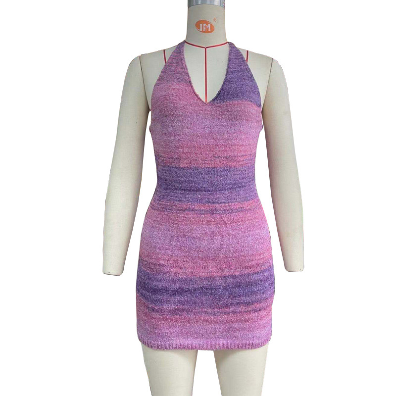 European And American Sexy Gradient Stripe High elasticity Wrap Skirt With Tie up Backless Design Purple Gradient - Shop at LoveMi