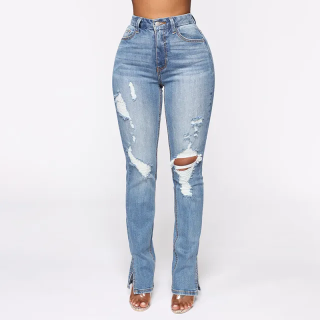 Split Jeans Women's, Blue Water Washed Hole High Waist Blue - Shop at LoveMi