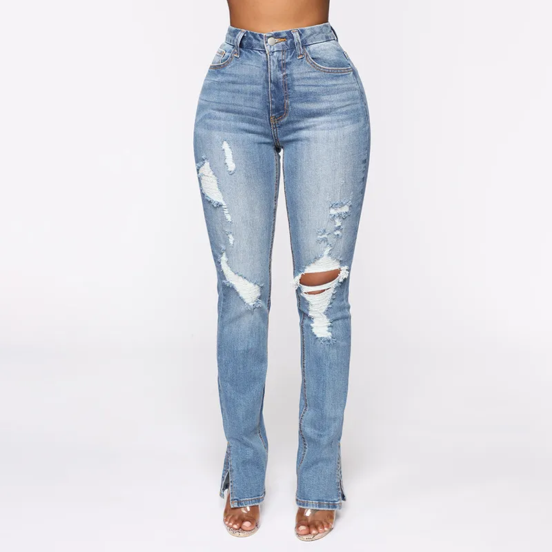 Split Jeans Women's, Blue Water Washed Hole High Waist - Blue