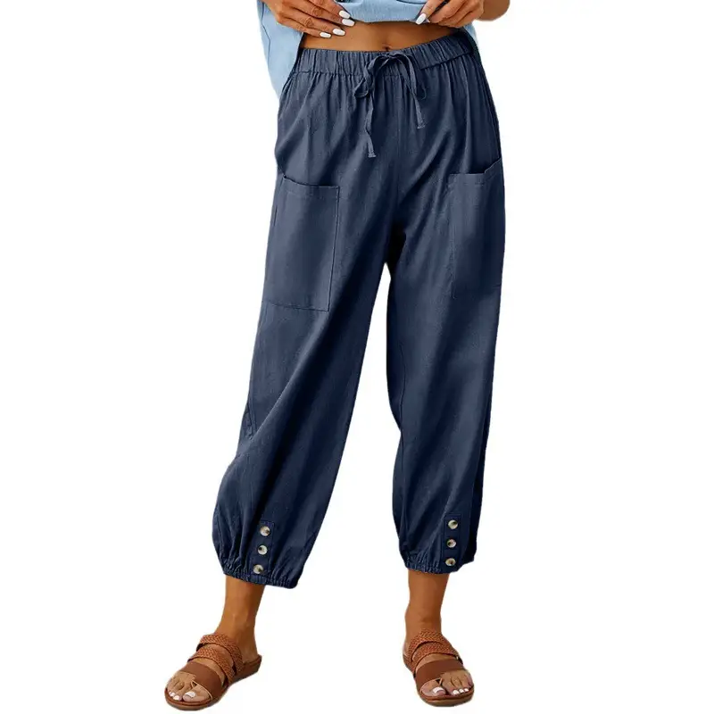 Women's High Waist Cropped Wide Leg Trousers with Button Detail