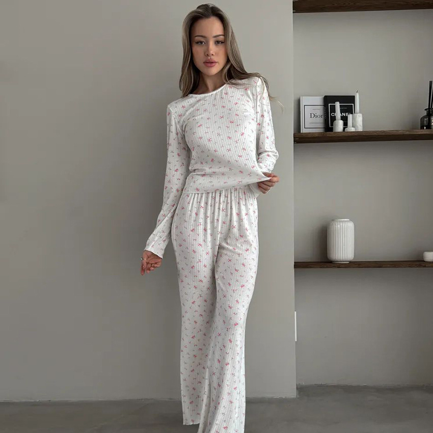 European And American Knitted Jacquard Hollow-out Printed Long-sleeve Pajama Set With Pants