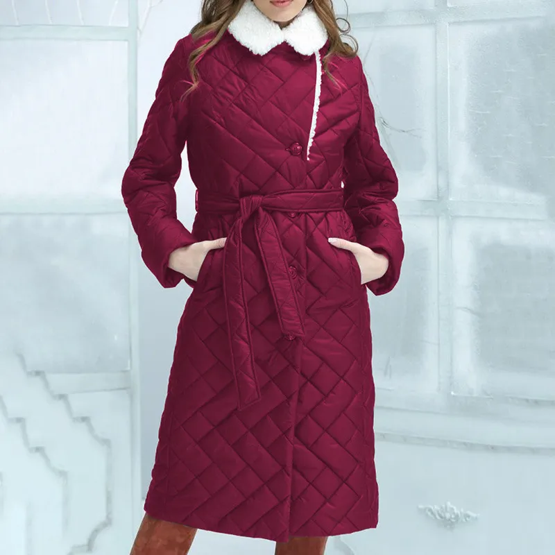 Lapel Cotton-padded Coat Mid-length Slim-fit Rhombus Plaid - Wine