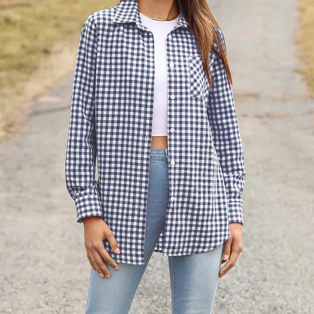 Loose Women's Long sleeve Plaid Shirt Blue - Shop at LoveMi