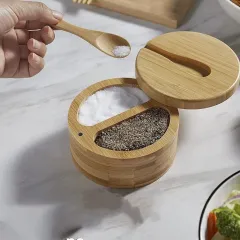 Bamboo Salt Jar Seasoning Box Kitchen Seasoning - 2Grids With Spoon 12X12X6Cm - View 1