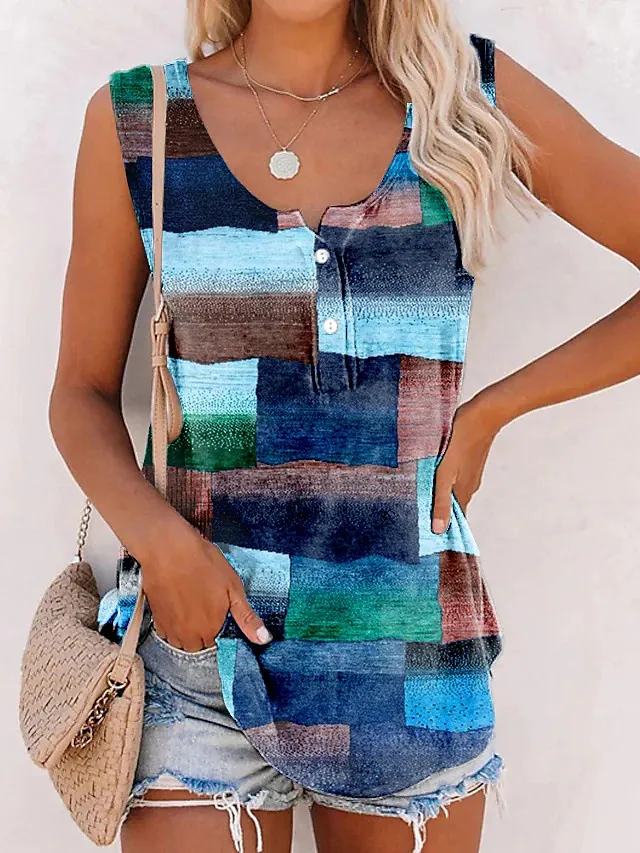 New Striped Printed Button Loose U neck Vest T shirt Blue - Shop at LoveMi