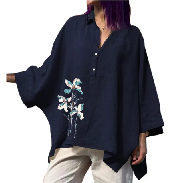 Batwing Clothes Loose Cotton And Linen Tops Navy Blue A Bunch Of Flowers - Shop at LoveMi