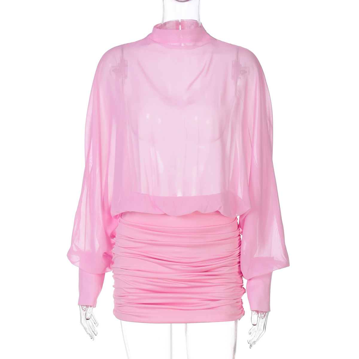 Women's Fashion Sexy Chiffon See through Stitching Crumpled Long sleeved Dress Pink - Shop at LoveMi