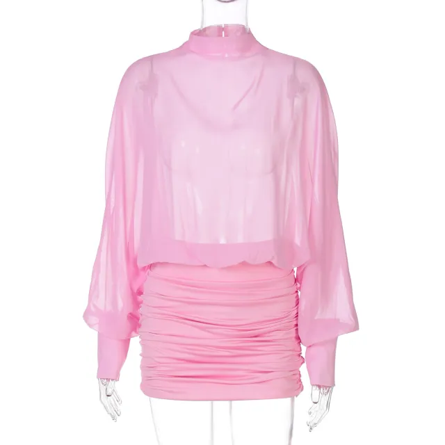 Women's Fashion Sexy Chiffon See through Stitching Crumpled Long sleeved Dress Pink - Shop at LoveMi