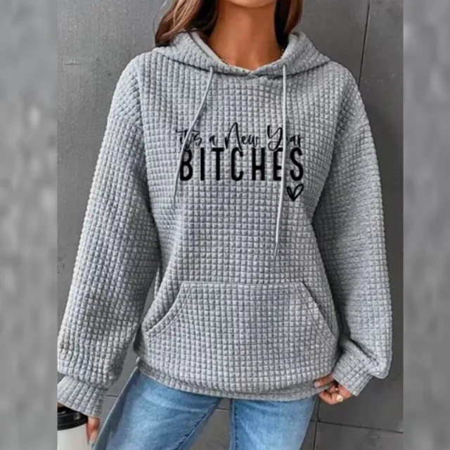 European And American Loose Long Sleeve Patch Pocket Solid Color Hooded Sweater Grey - Shop at LoveMi