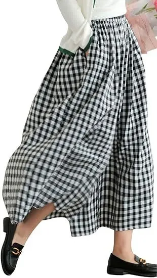 High waisted Cotton linen Plaid Wide leg Pantskirt Loose fitting Casual Trousers Elegant Style Black - Shop at LoveMi